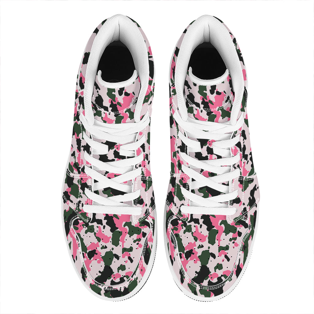 Pink Green And Black Camouflage Print High Top Leather Sneakers