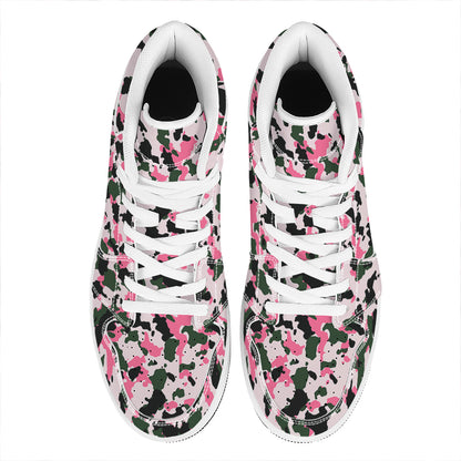 Pink Green And Black Camouflage Print High Top Leather Sneakers