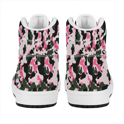 Pink Green And Black Camouflage Print High Top Leather Sneakers