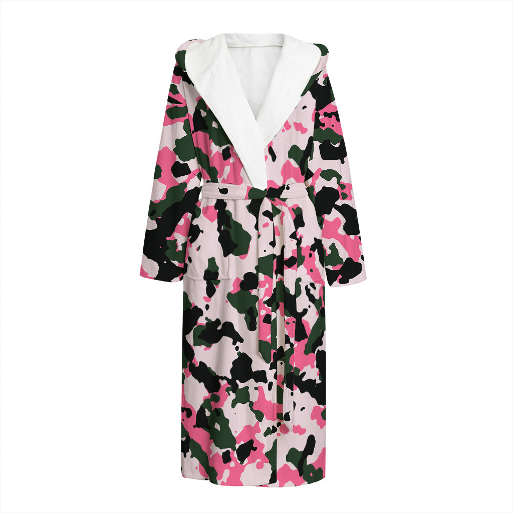 Pink Green And Black Camouflage Print Hooded Bathrobe