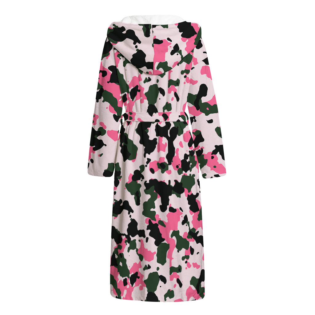 Pink Green And Black Camouflage Print Hooded Bathrobe