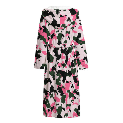Pink Green And Black Camouflage Print Hooded Bathrobe