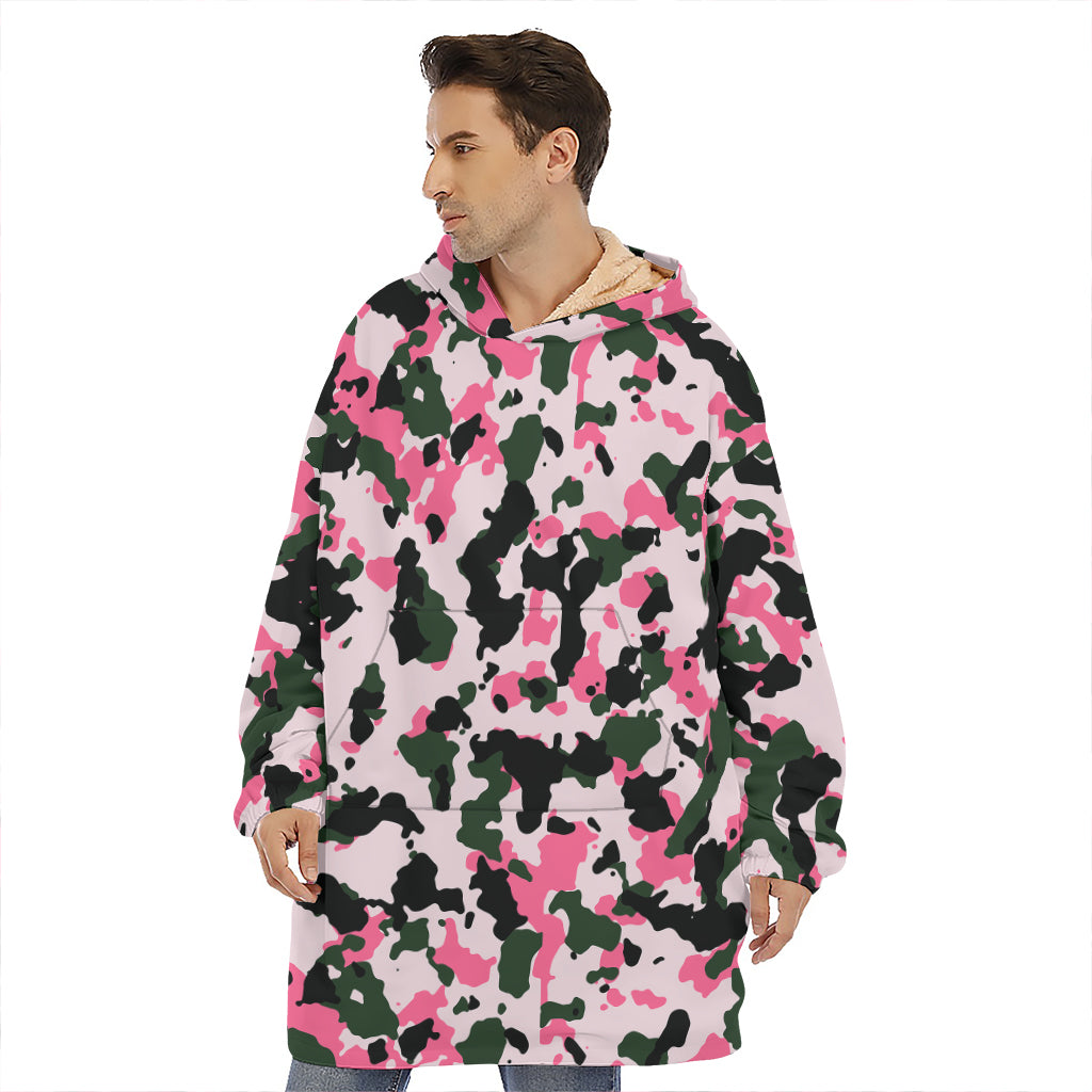 Pink Green And Black Camouflage Print Hoodie Blanket