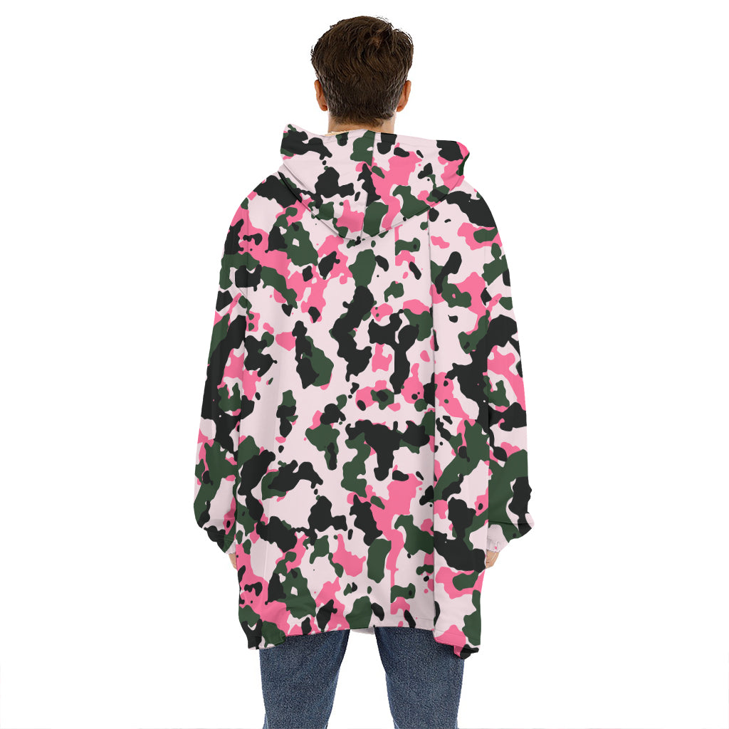Pink Green And Black Camouflage Print Hoodie Blanket