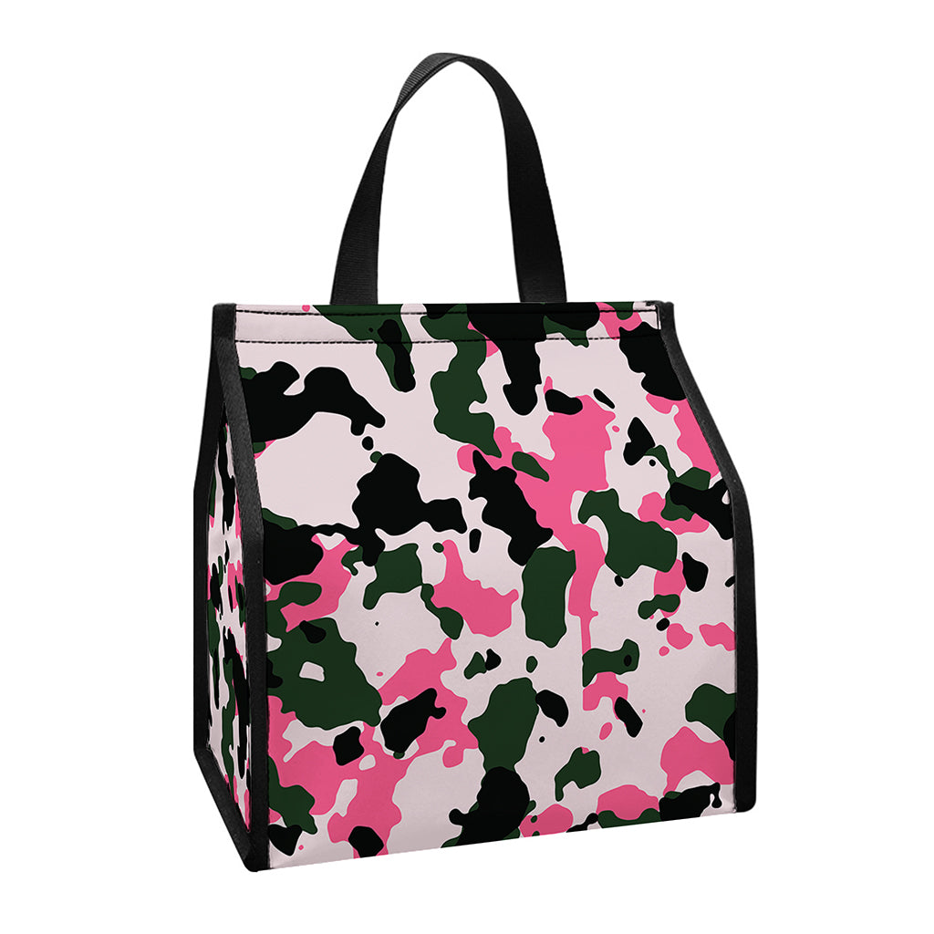 Pink Green And Black Camouflage Print Insulated Lunch Tote