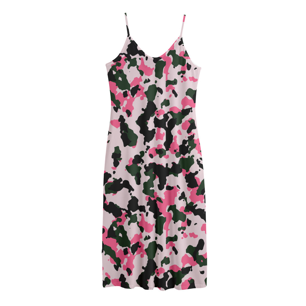 Pink Green And Black Camouflage Print Jersey Midi Cami Dress
