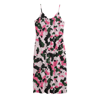 Pink Green And Black Camouflage Print Jersey Midi Cami Dress