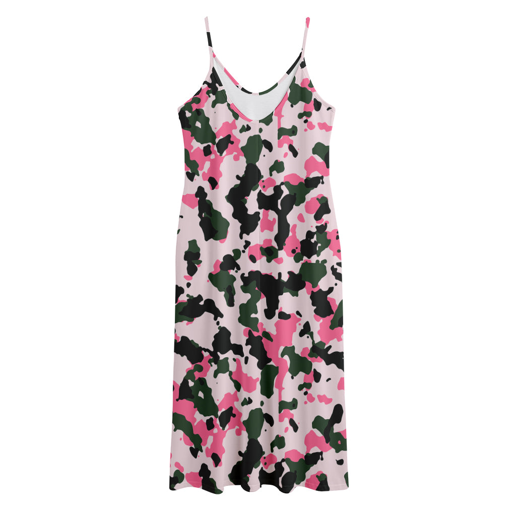 Pink Green And Black Camouflage Print Jersey Midi Cami Dress