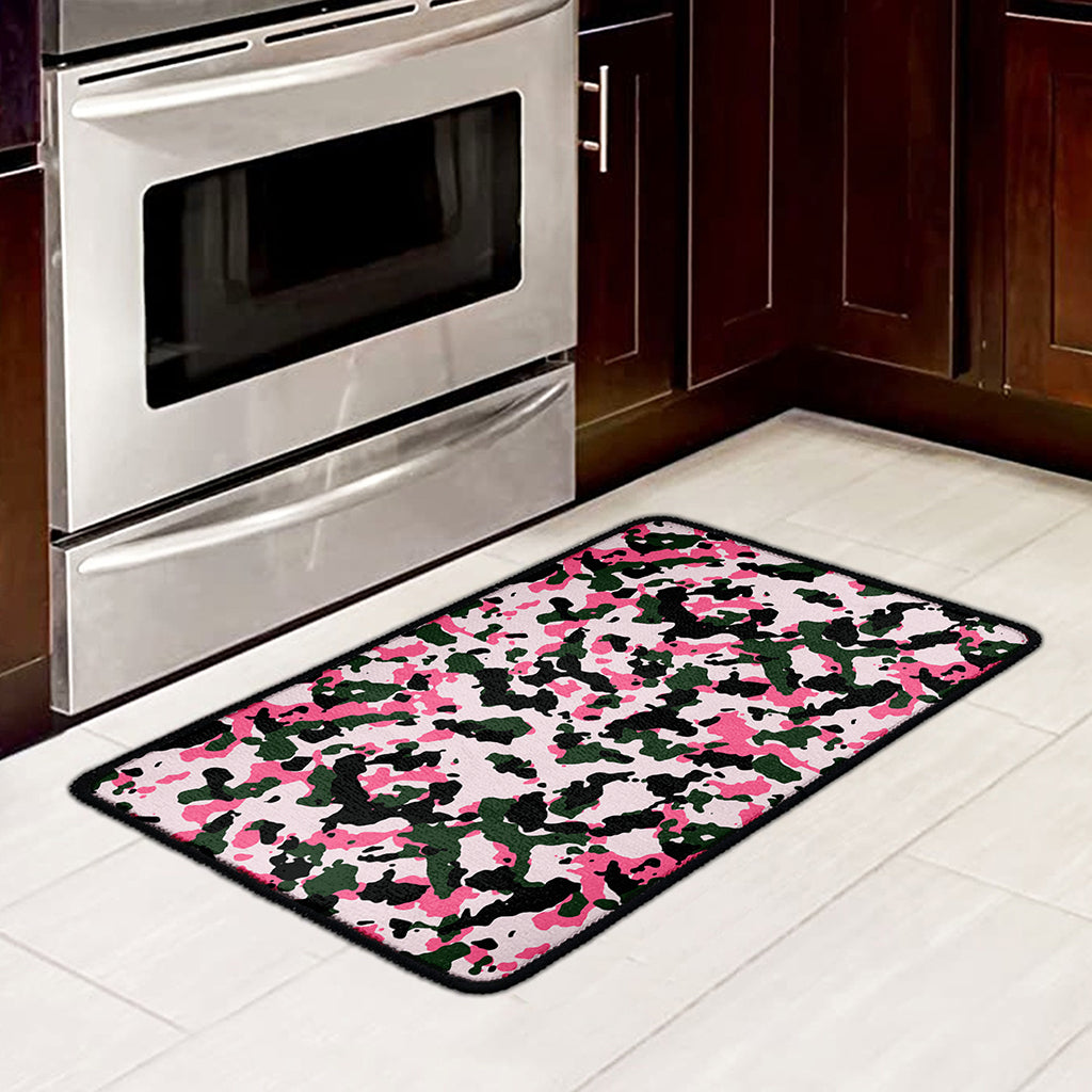 Pink Green And Black Camouflage Print Kitchen Mat