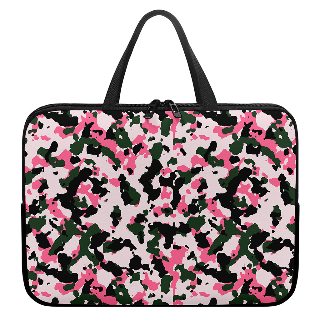Pink Green And Black Camouflage Print Laptop Sleeve With Handle