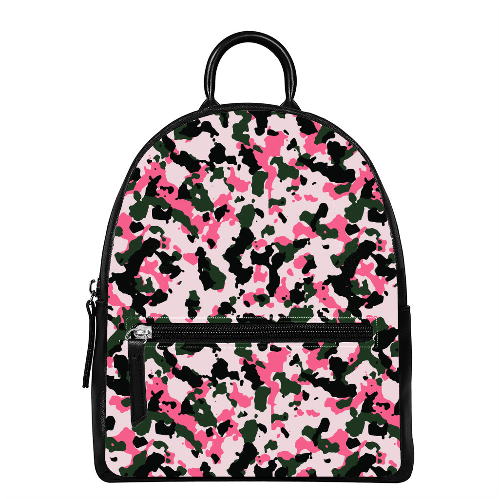 Pink Green And Black Camouflage Print Leather Backpack