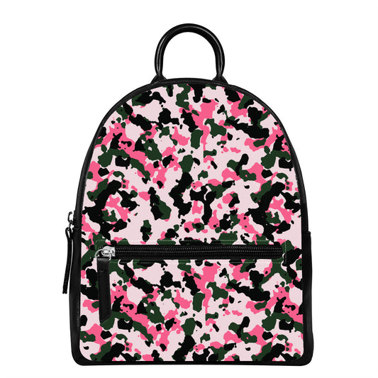 Pink Green And Black Camouflage Print Leather Backpack