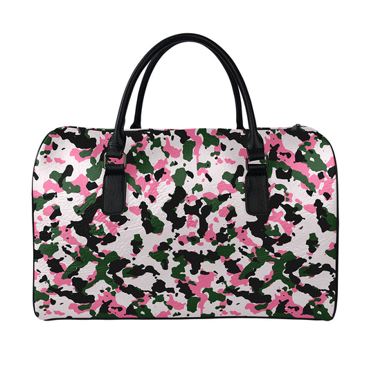 Pink Green And Black Camouflage Print Leather Duffle Bag