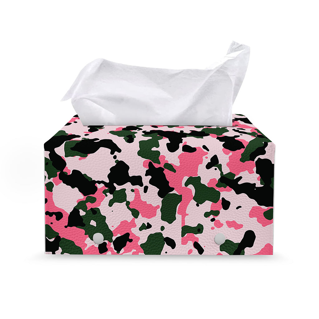 Pink Green And Black Camouflage Print Leather Tissue Box Cover