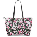 Pink Green And Black Camouflage Print Leather Tote Bag