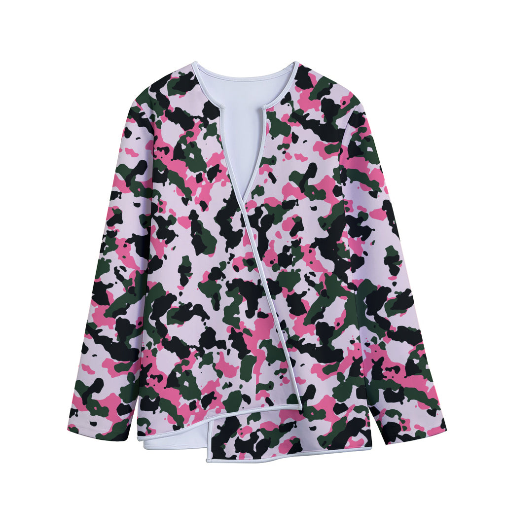 Pink Green And Black Camouflage Print Long Sleeve Short Coat