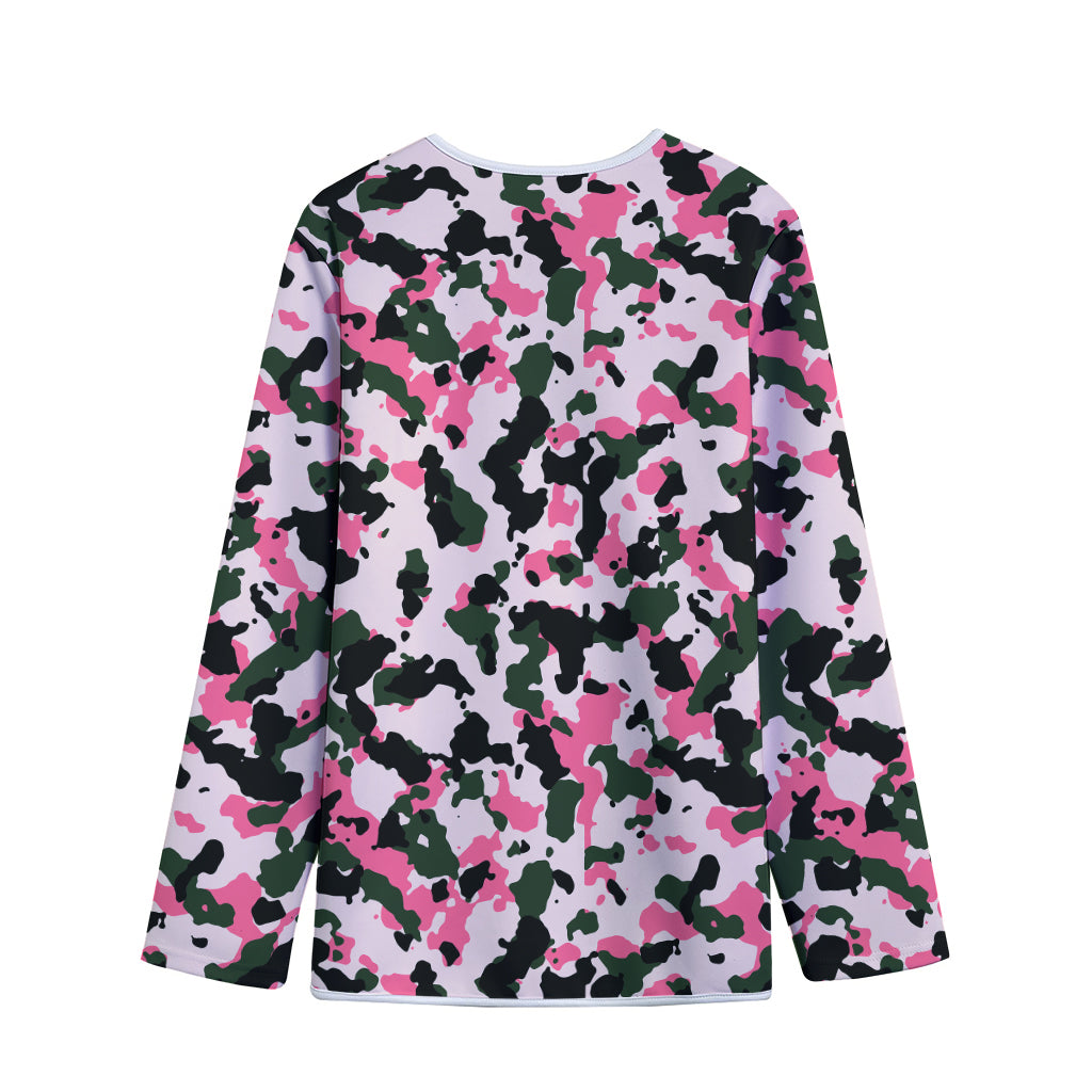 Pink Green And Black Camouflage Print Long Sleeve Short Coat