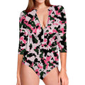 Pink Green And Black Camouflage Print Long Sleeve Swimsuit