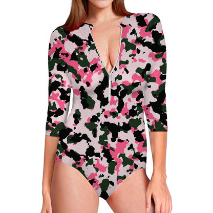 Pink Green And Black Camouflage Print Long Sleeve Swimsuit