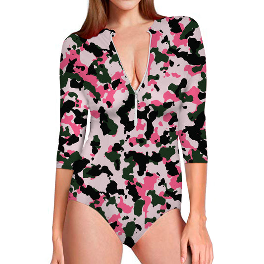 Pink Green And Black Camouflage Print Long Sleeve Swimsuit