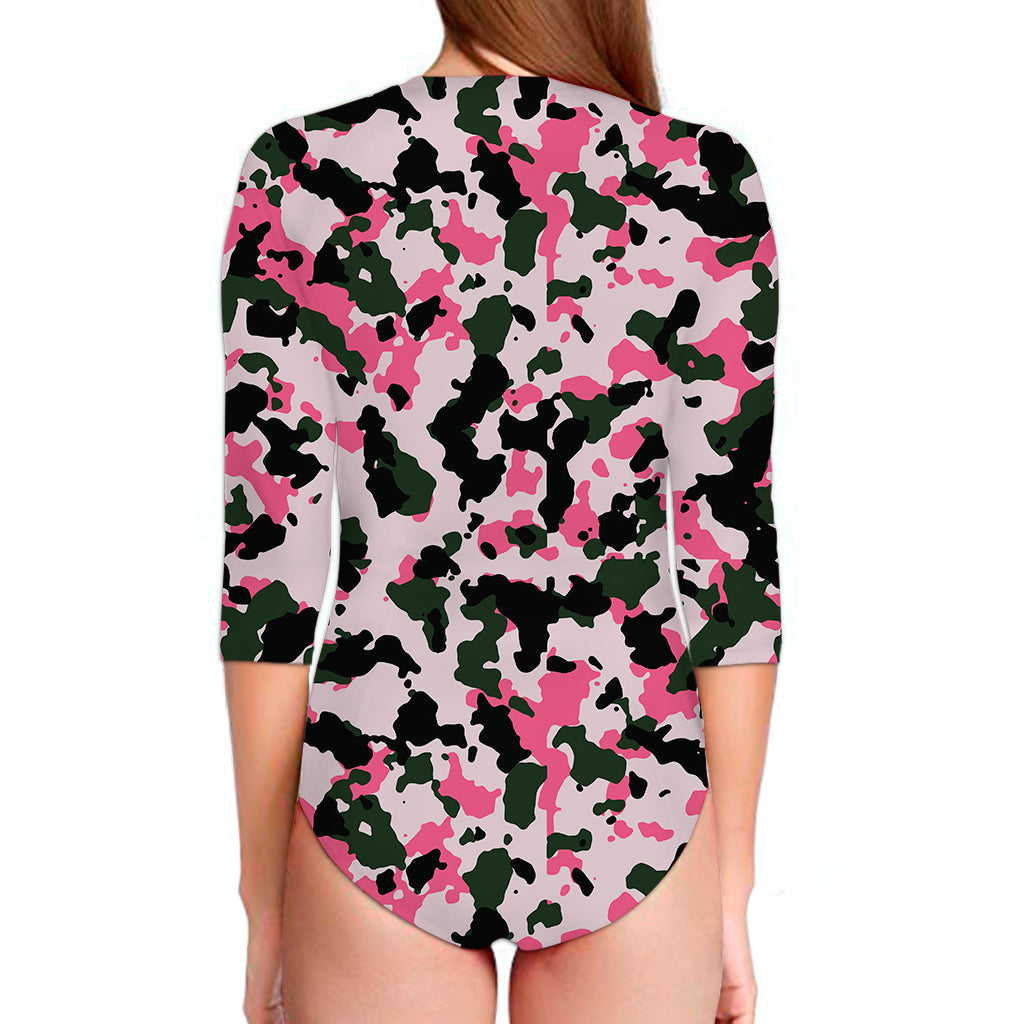 Pink Green And Black Camouflage Print Long Sleeve Swimsuit