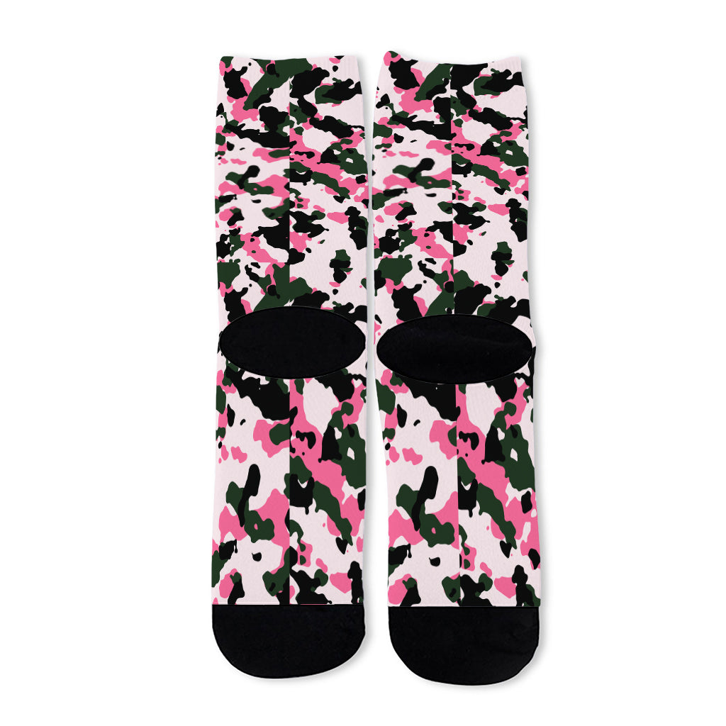 Pink Green And Black Camouflage Print Long Socks