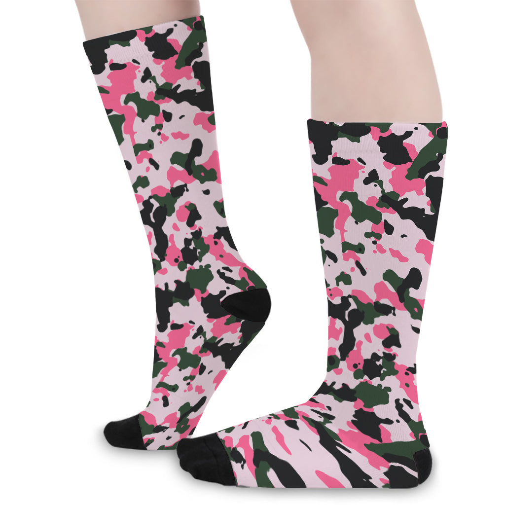 Pink Green And Black Camouflage Print Long Socks