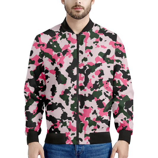 Pink Green And Black Camouflage Print Men's Bomber Jacket