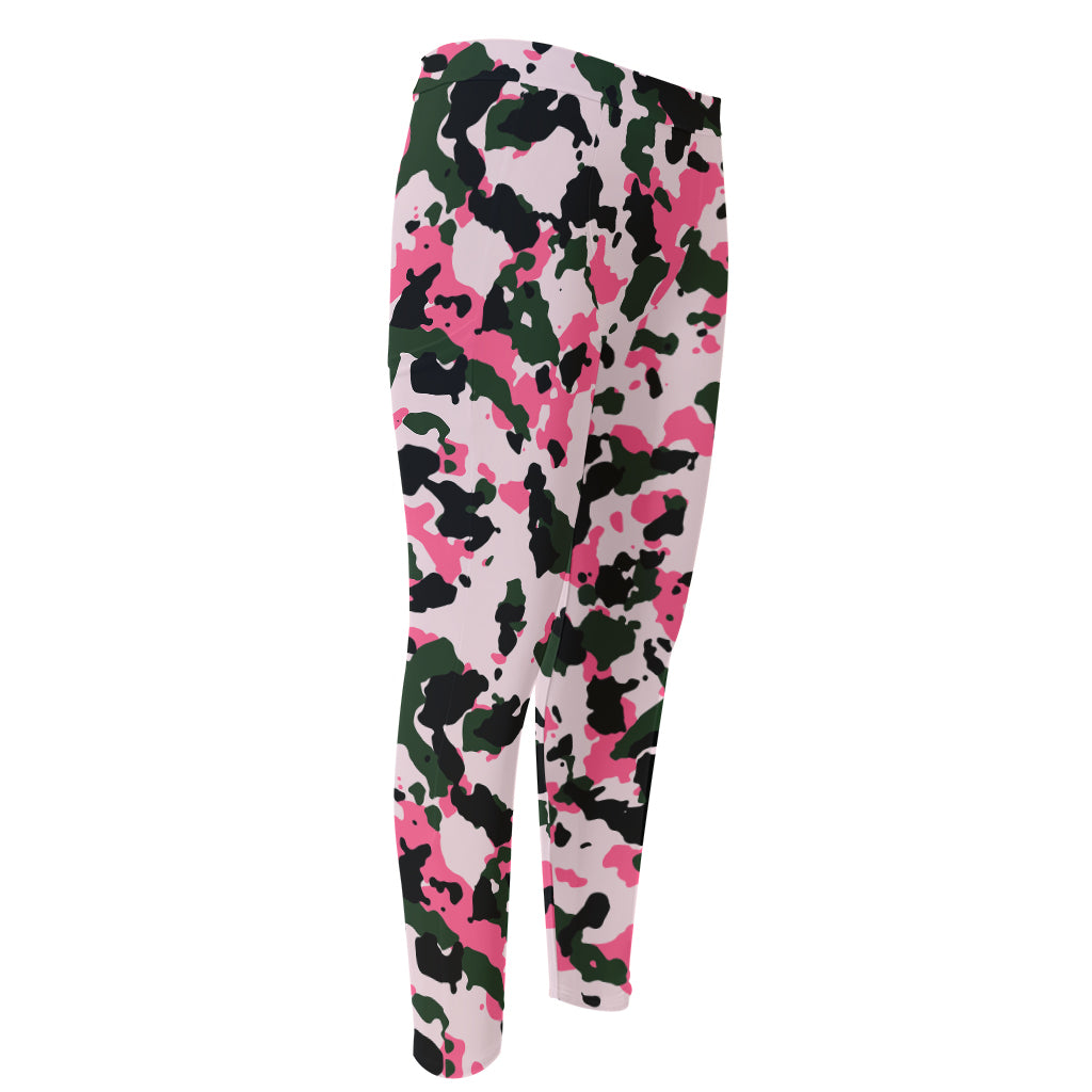 Pink Green And Black Camouflage Print Men's Compression Pants