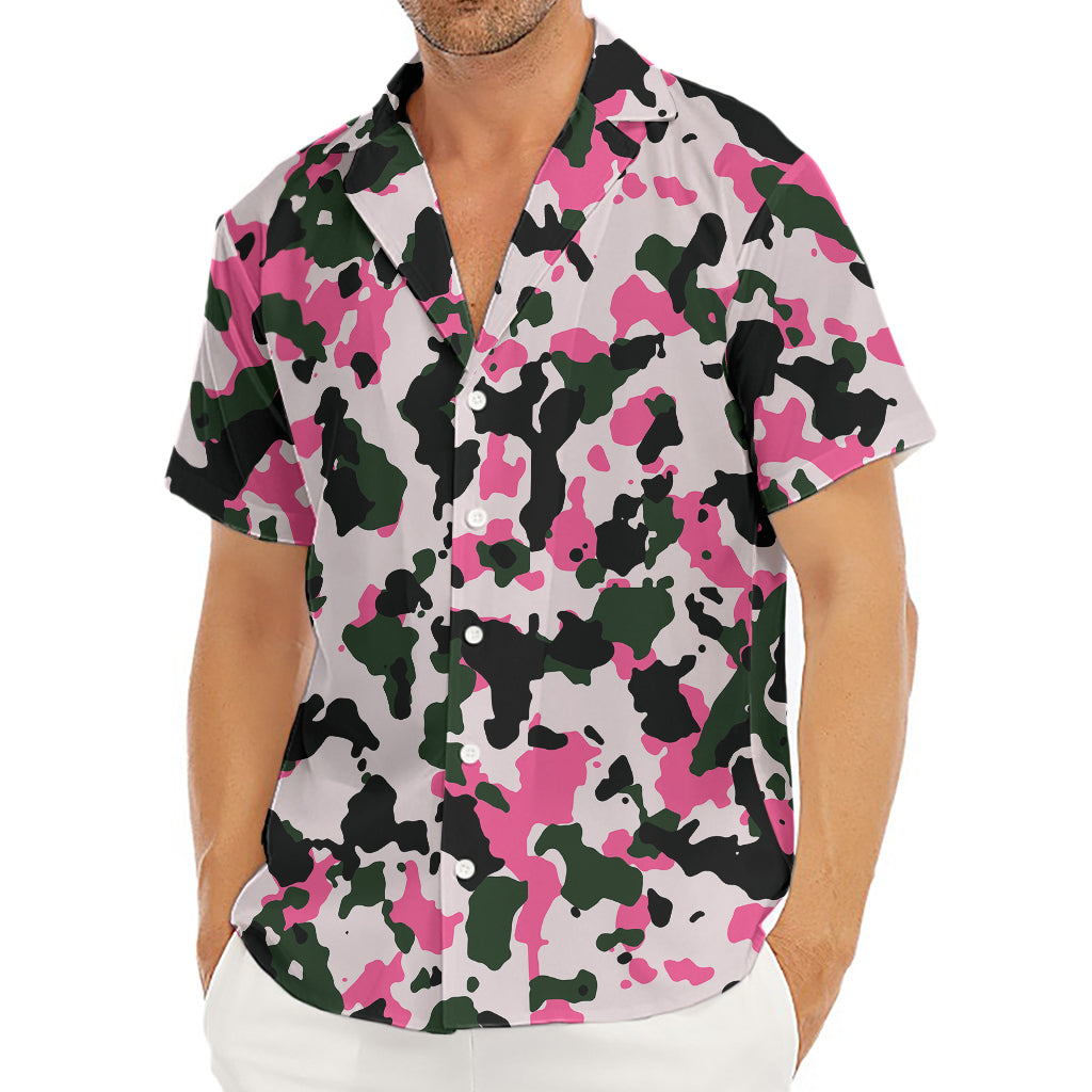 Pink Green And Black Camouflage Print Men's Deep V-Neck Shirt