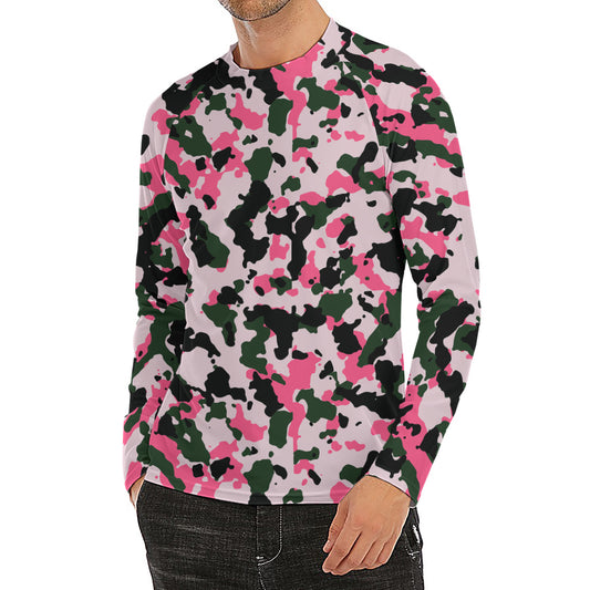 Pink Green And Black Camouflage Print Men's Long Sleeve Rash Guard