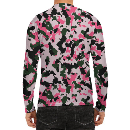 Pink Green And Black Camouflage Print Men's Long Sleeve Rash Guard
