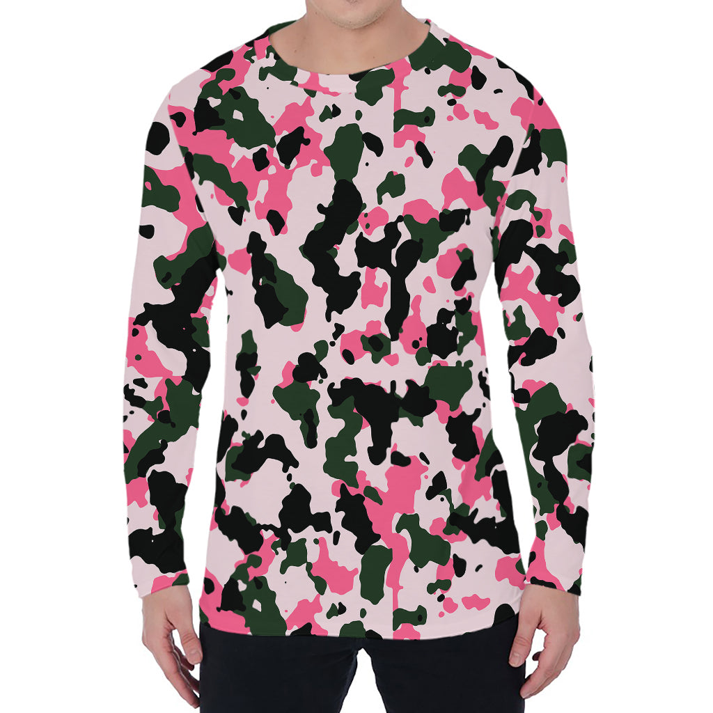 Pink Green And Black Camouflage Print Men's Long Sleeve T-Shirt