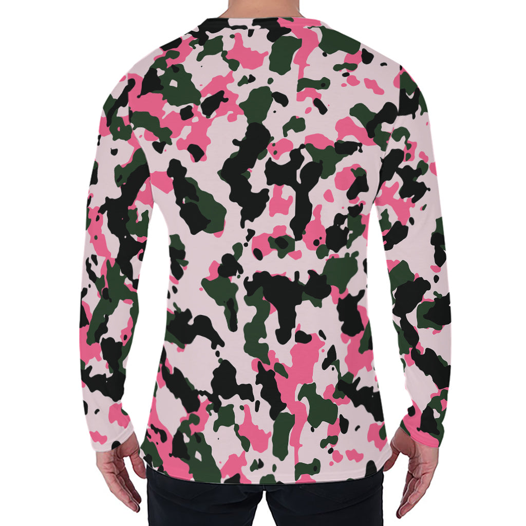 Pink Green And Black Camouflage Print Men's Long Sleeve T-Shirt