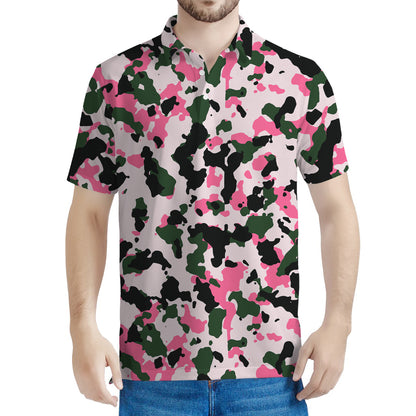 Pink Green And Black Camouflage Print Men's Polo Shirt