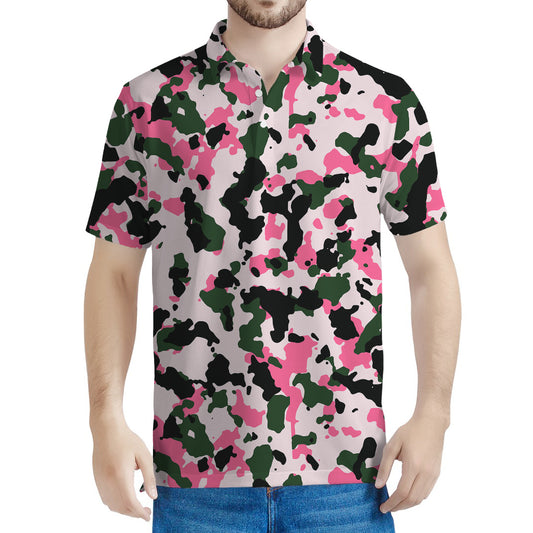 Pink Green And Black Camouflage Print Men's Polo Shirt