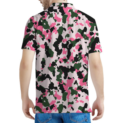Pink Green And Black Camouflage Print Men's Polo Shirt