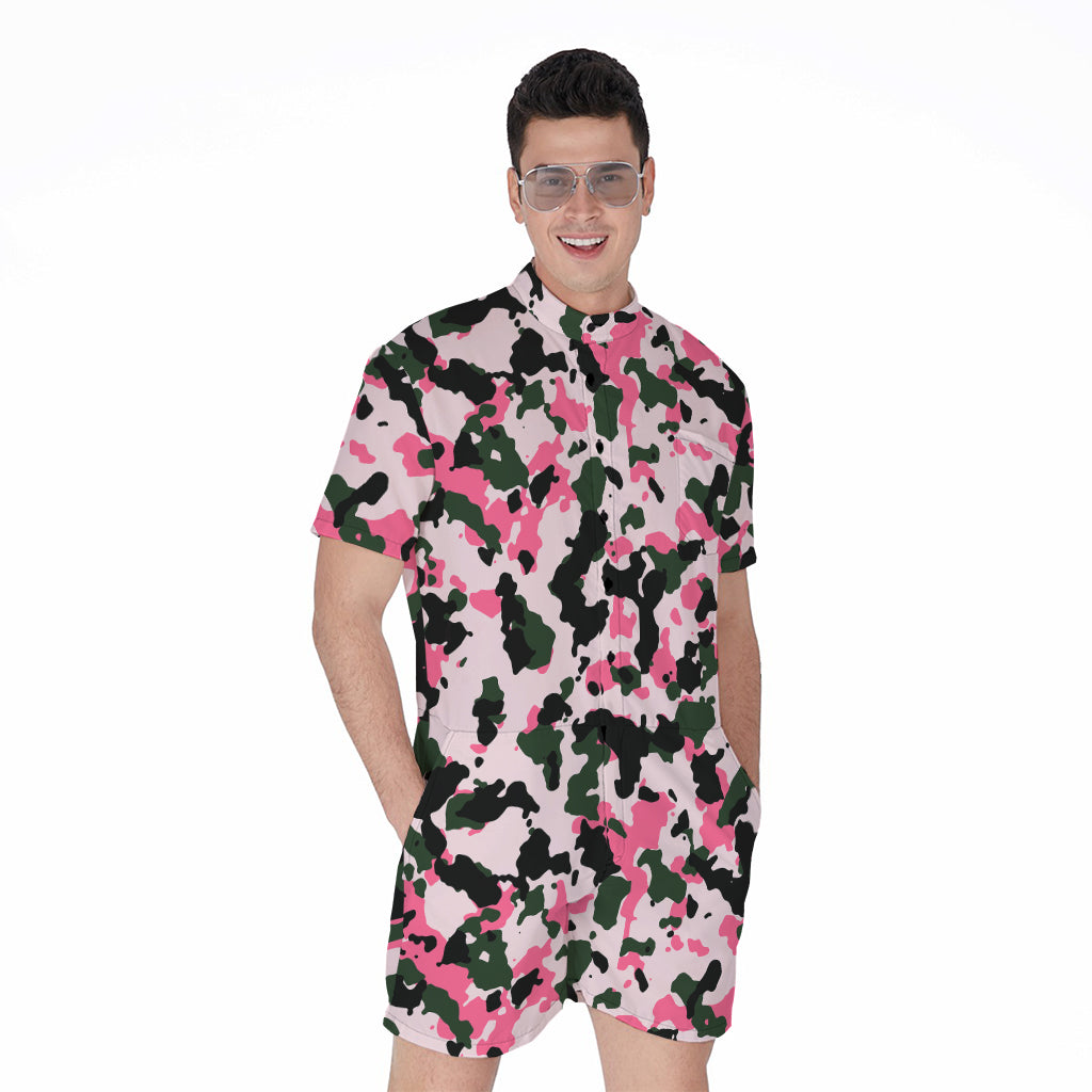 Pink Green And Black Camouflage Print Men's Rompers