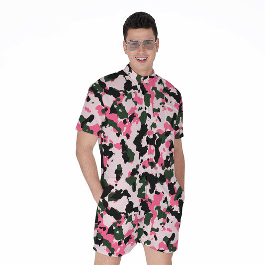 Pink Green And Black Camouflage Print Men's Rompers