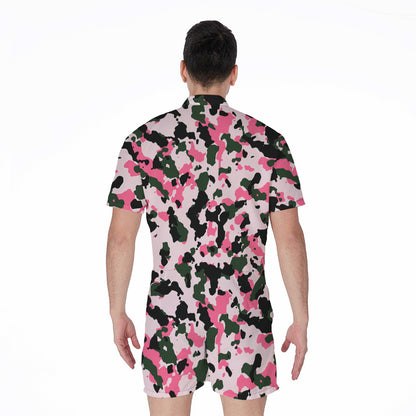 Pink Green And Black Camouflage Print Men's Rompers