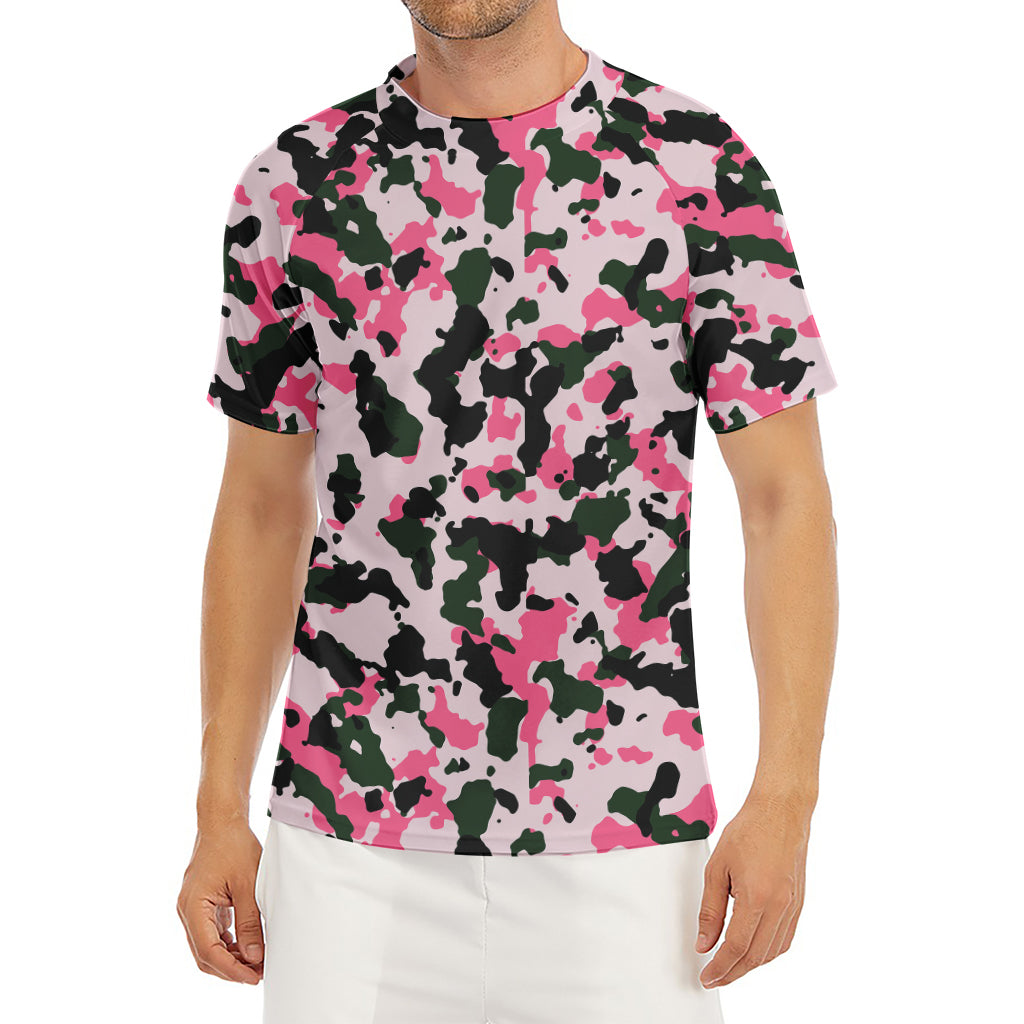 Pink Green And Black Camouflage Print Men's Short Sleeve Rash Guard
