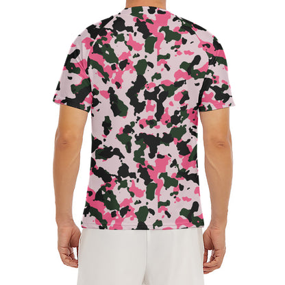 Pink Green And Black Camouflage Print Men's Short Sleeve Rash Guard