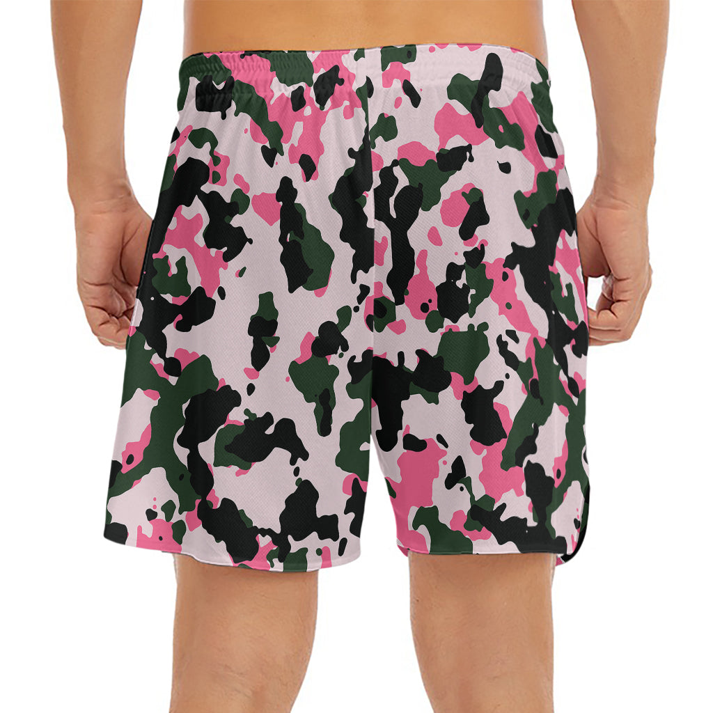 Pink Green And Black Camouflage Print Men's Split Running Shorts