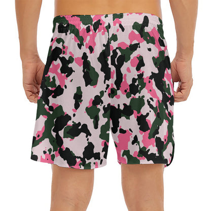 Pink Green And Black Camouflage Print Men's Split Running Shorts
