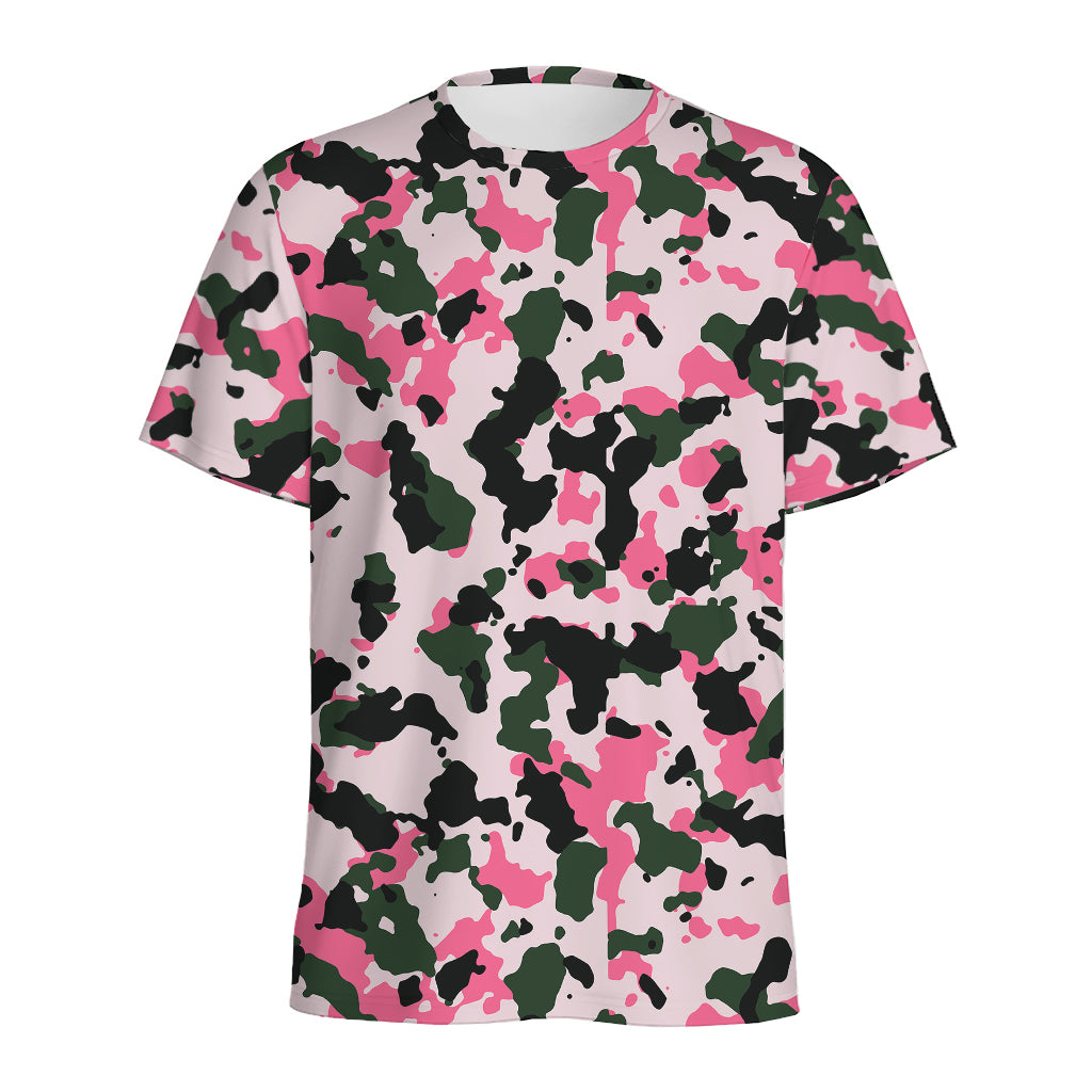 Pink Green And Black Camouflage Print Men's Sports T-Shirt