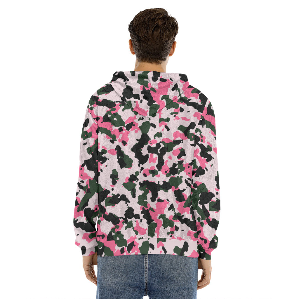 Pink Green And Black Camouflage Print Men's Velvet Pullover Hoodie