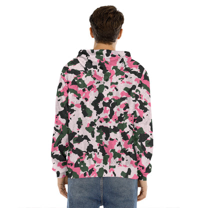 Pink Green And Black Camouflage Print Men's Velvet Pullover Hoodie