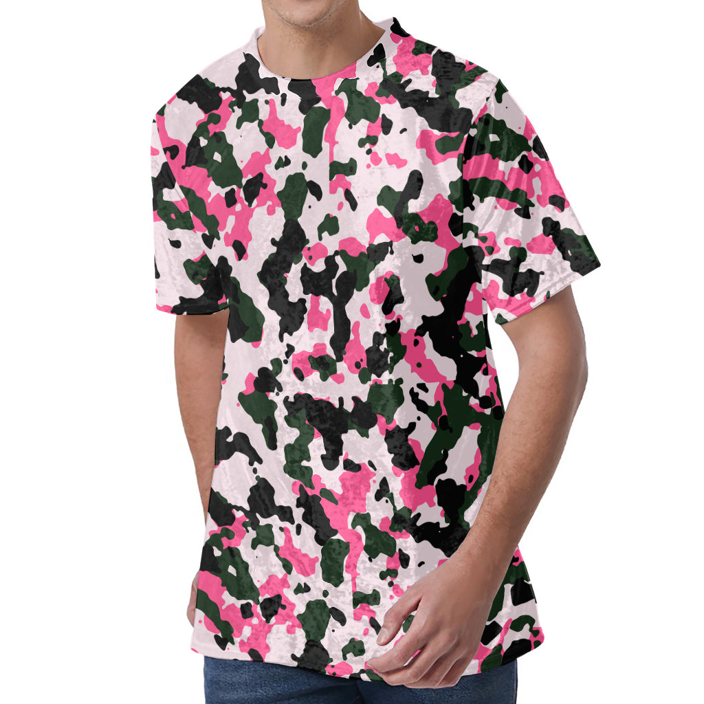 Pink Green And Black Camouflage Print Men's Velvet T-Shirt