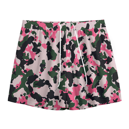 Pink Green And Black Camouflage Print Mesh Shorts