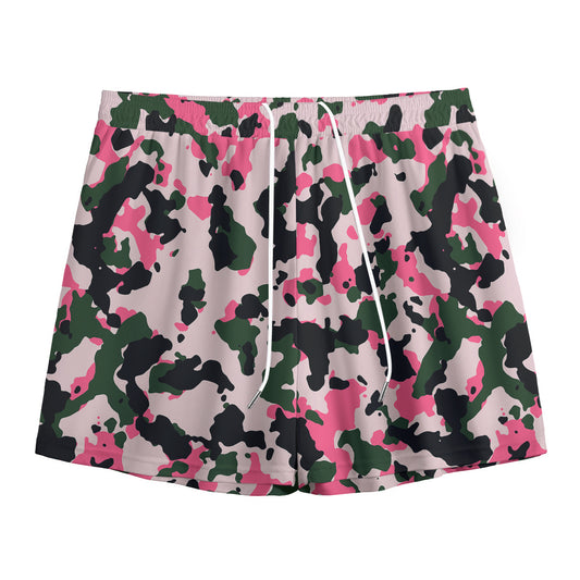 Pink Green And Black Camouflage Print Mesh Shorts